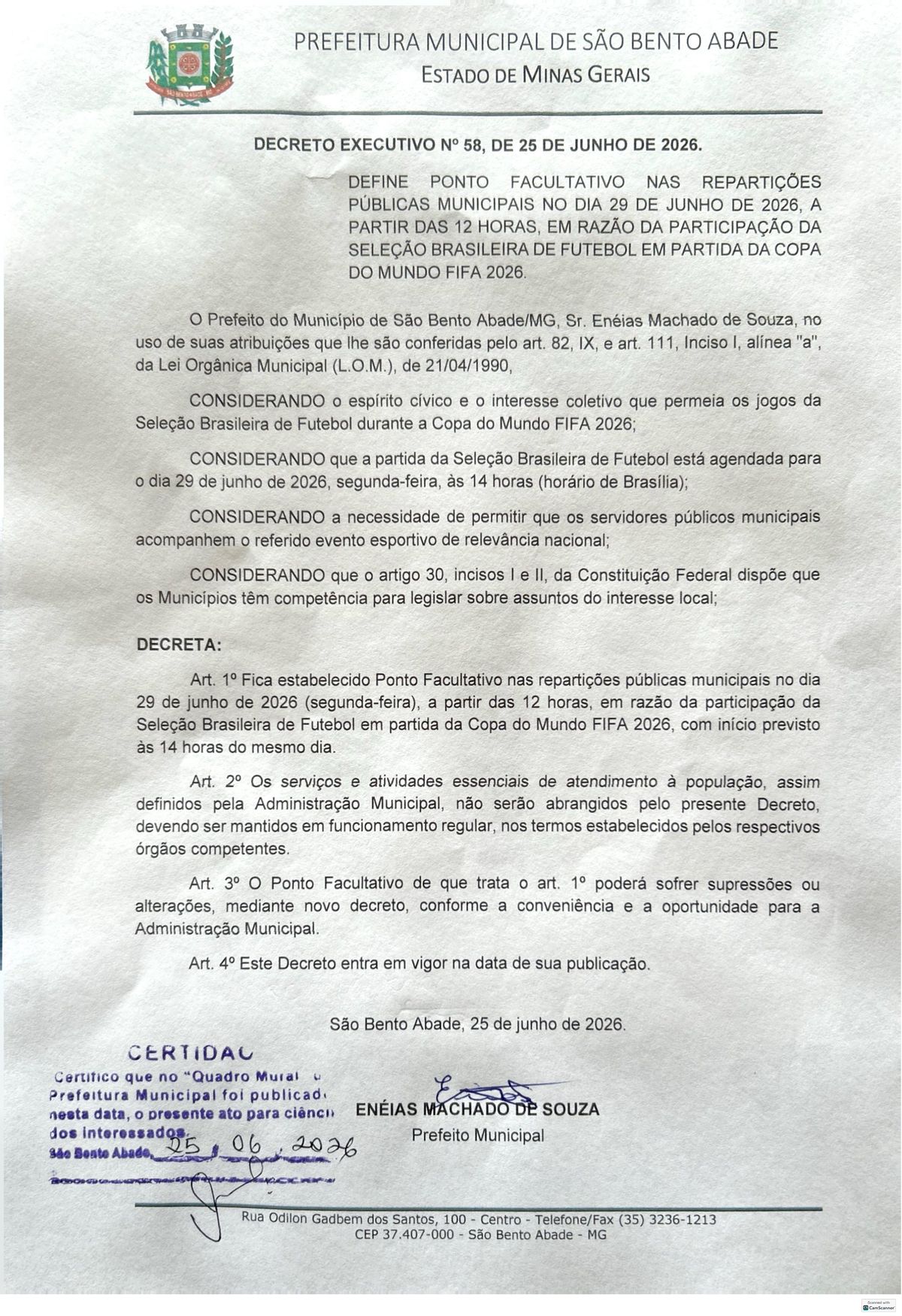decreto 058 2026 ponto facultativo